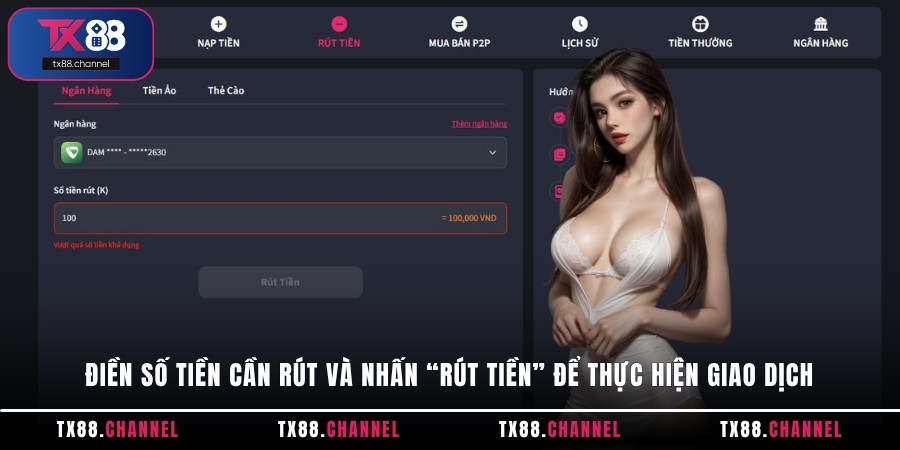 Điền số tiền cần rút và nhấn “Rút tiền” để thực hiện giao dịch